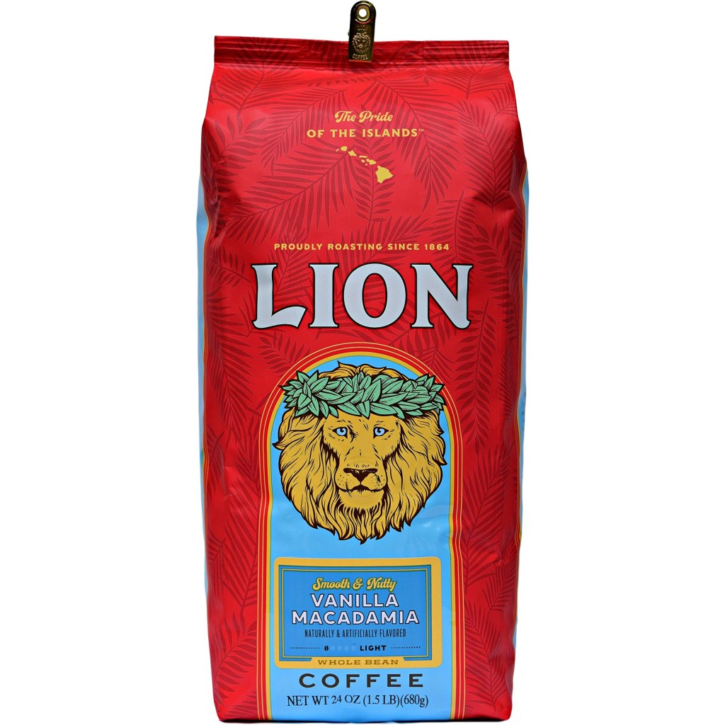 Picture of: Lion Coffee, Vanilla Macadamia Flavor, Light Roast, Whole Bean,  Ounce Bag