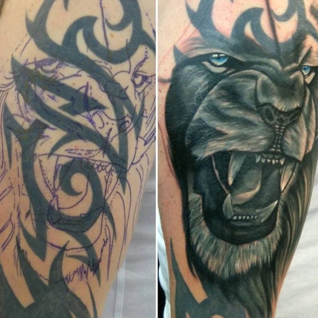 Picture of: Lion cover up tattoo by Seb