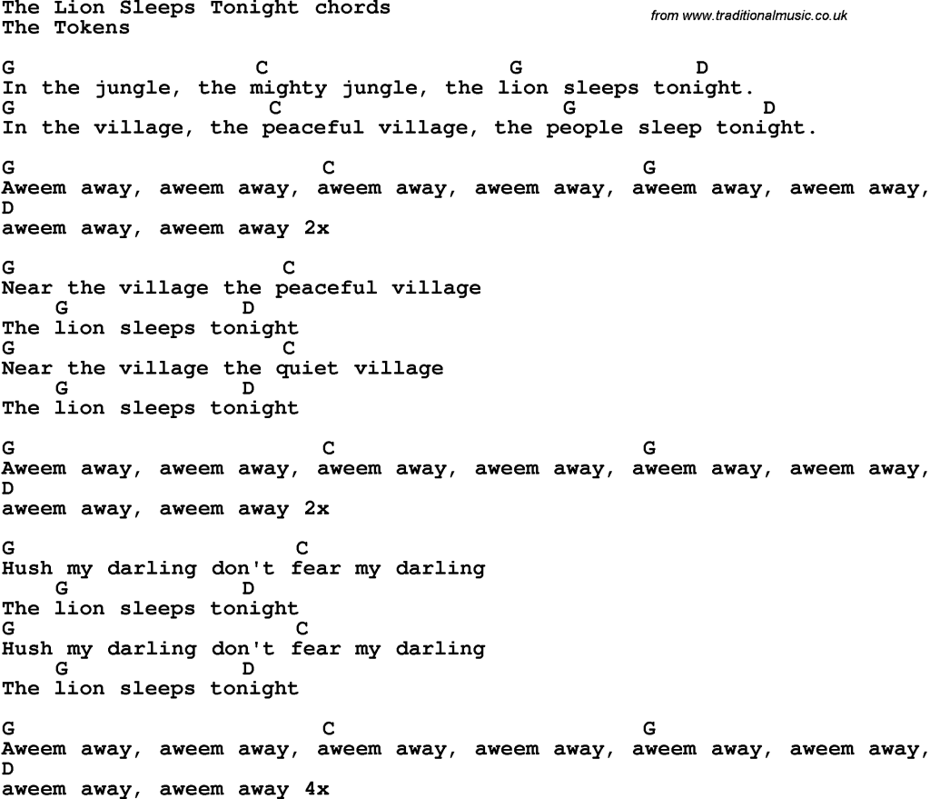 Picture of: Song lyrics with guitar chords for The Lion Sleeps Tonight  Learn